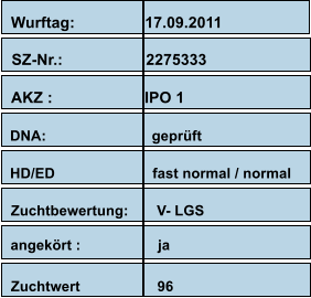 Wurftag:                17.09.2011 SZ-Nr.:                   2275333 AKZ :                     IPO 1                       DNA:                          geprüft                          HD/ED                        fast normal / normal Zuchtbewertung:       V- LGS  angekört :                   ja  Zuchtwert                   96