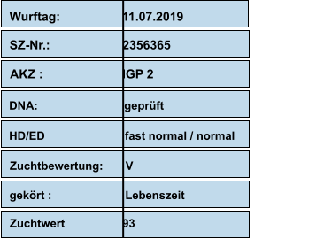 Wurftag:                  11.07.2019                     SZ-Nr.:                     2356365                    AKZ :                       IGP 2                                           DNA:                           geprüft                                                   HD/ED                         fast normal / normal Zuchtbewertung:       V        gekört :                       Lebenszeit Zuchtwert                  93