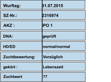 Wurftag:                  01.07.2015                     SZ-Nr.:                     2316974                    AKZ :                       IPO 1                                           DNA:                           geprüft                                                   HD/ED                         normal/normal Zuchtbewertung:       Vorzüglich          gekört :                       Lebenszeit Zuchtwert                   77