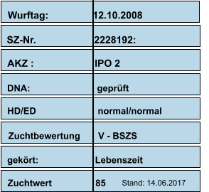 Wurftag:                12.10.2008 SZ-Nr.                     2228192: AKZ :                      IPO 2                      DNA:                          geprüft                                HD/ED                        normal/normal Zuchtbewertung       V - BSZS  gekört:                      Lebenszeit Zuchtwert                 85 Stand: 14.06.2017